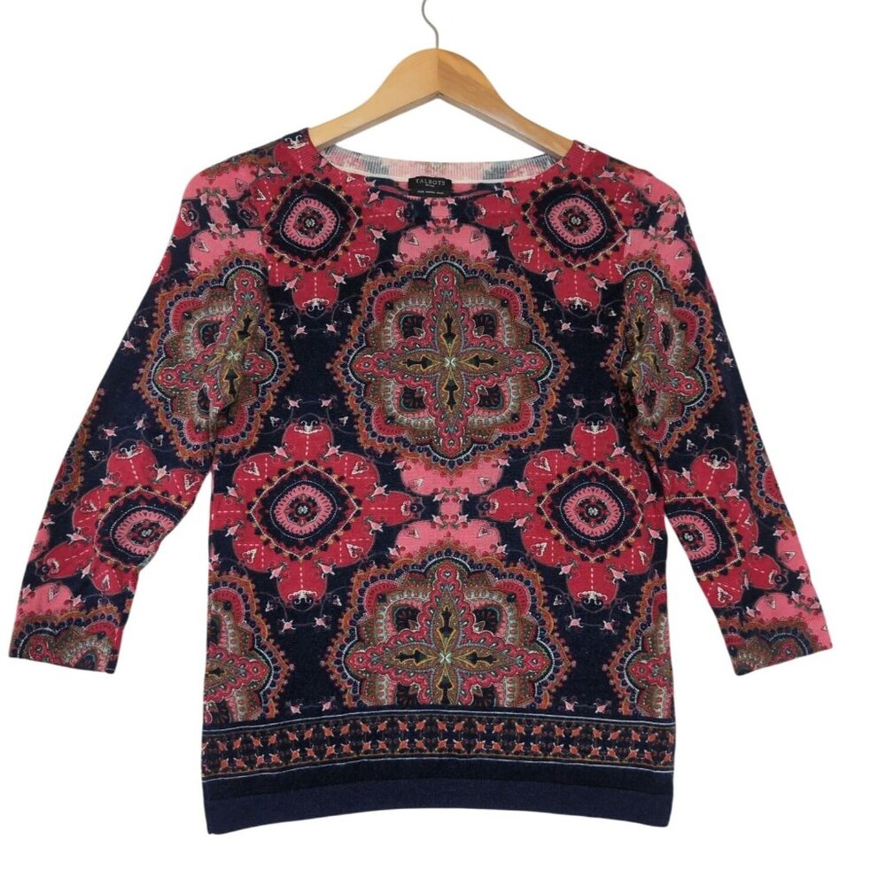 Talbots Sweater Womens S Petite Blue Pink Merino Wool Pullover Crew Neck Travel